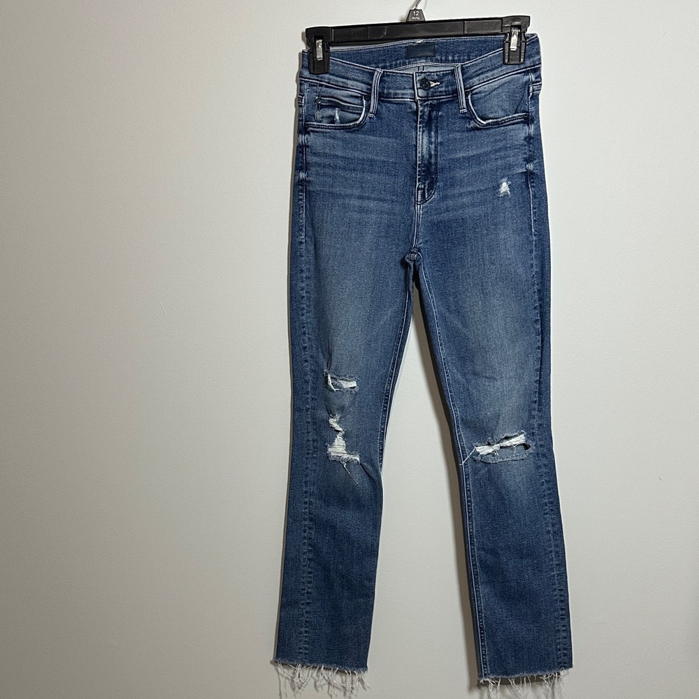 MOTHER Ankle Cropped Distressed Blue Jeans